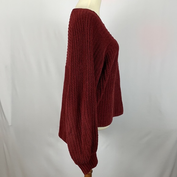 Free People Maroon Chunky Cable Knit Sweater w/Balloon Sleeves & Hi Lo Hem - Picture 11 of 14